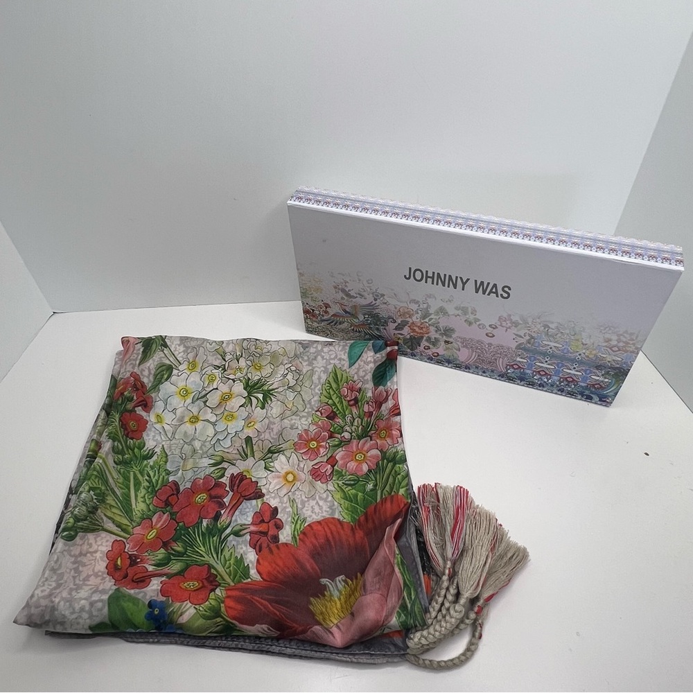Johnny Was Vibrant Floral Scarf with Orange and Grey Border Tassels on Corners - Picture 7 of 9
